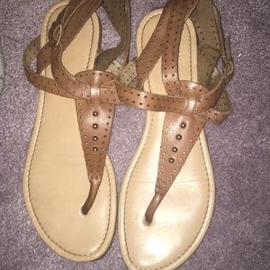 Brown and gold double strap ankle sandals